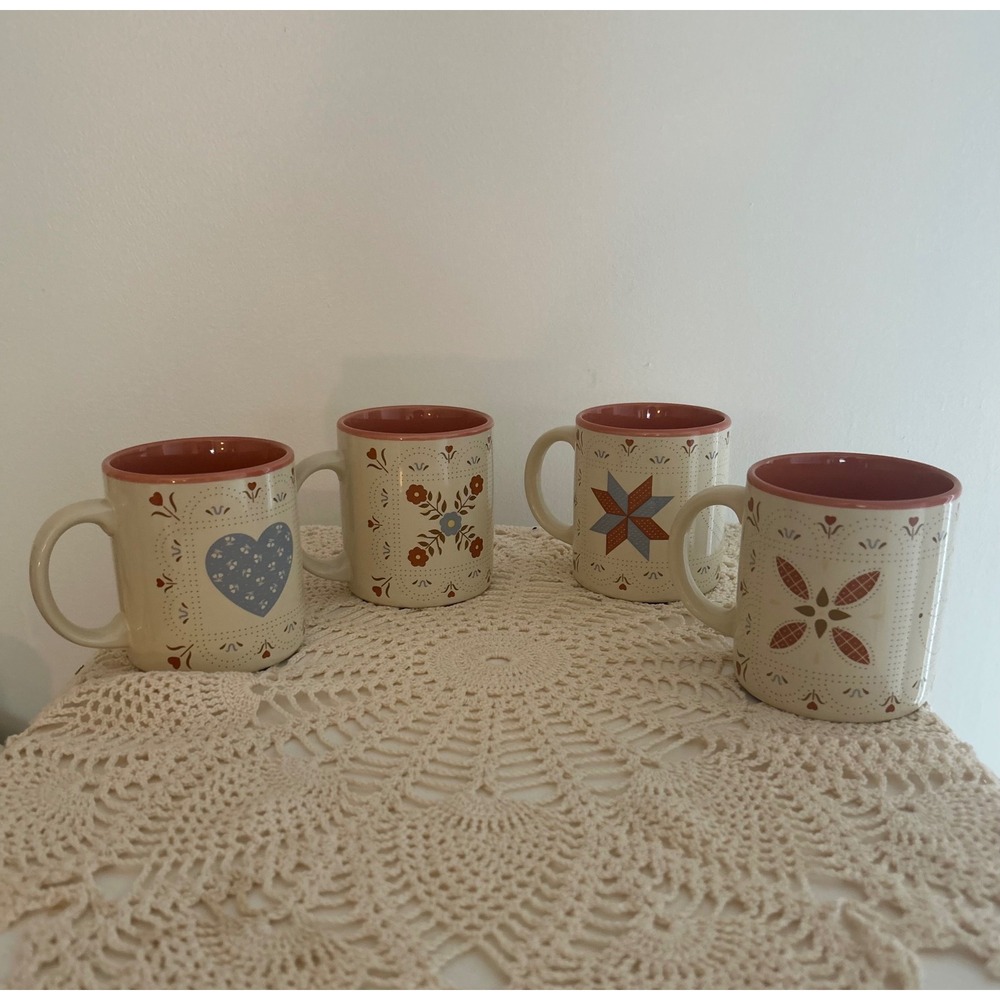 Folk Art Variety Quilt Pattern Coffee Mugs Set of 4 Cream Ceramic Cottagecore